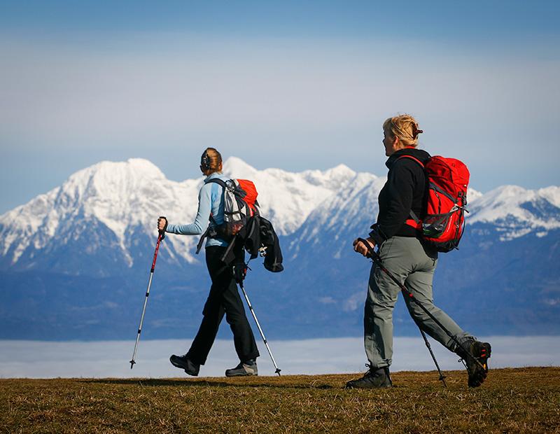 Hikers with trekking poles walking high above the valleys of Slovenia, enjoying self-guided hiking in the Julian Alps.