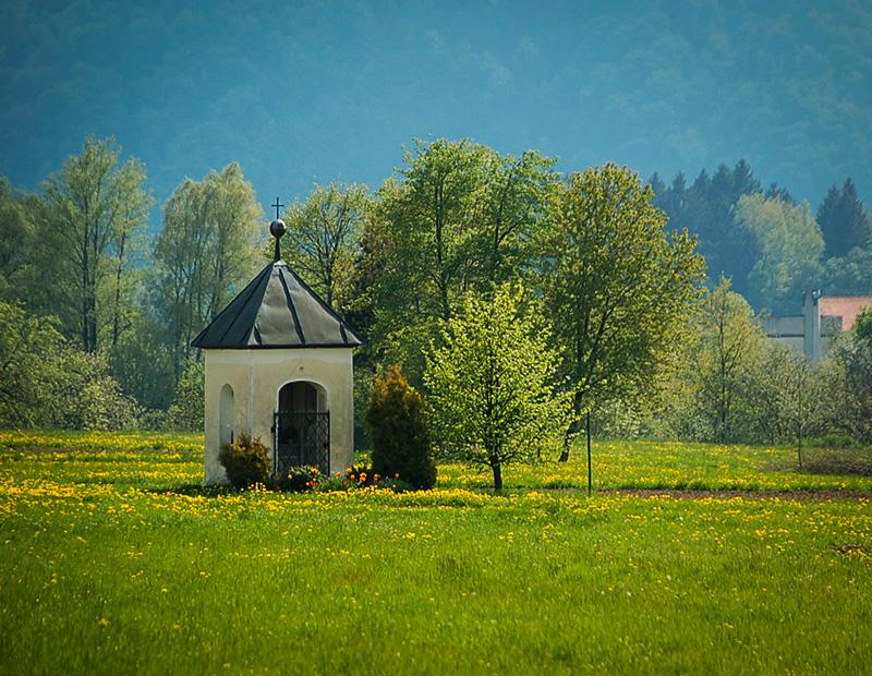 Traditional Slovenian alpine village on a Slovenia walking holiday, charming valley scenery along hiking trails